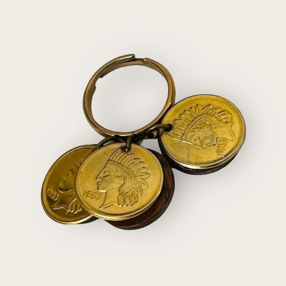 Vintage coin ring adjustable size gold tone Indian head design with round wood - Picture 3 of 4